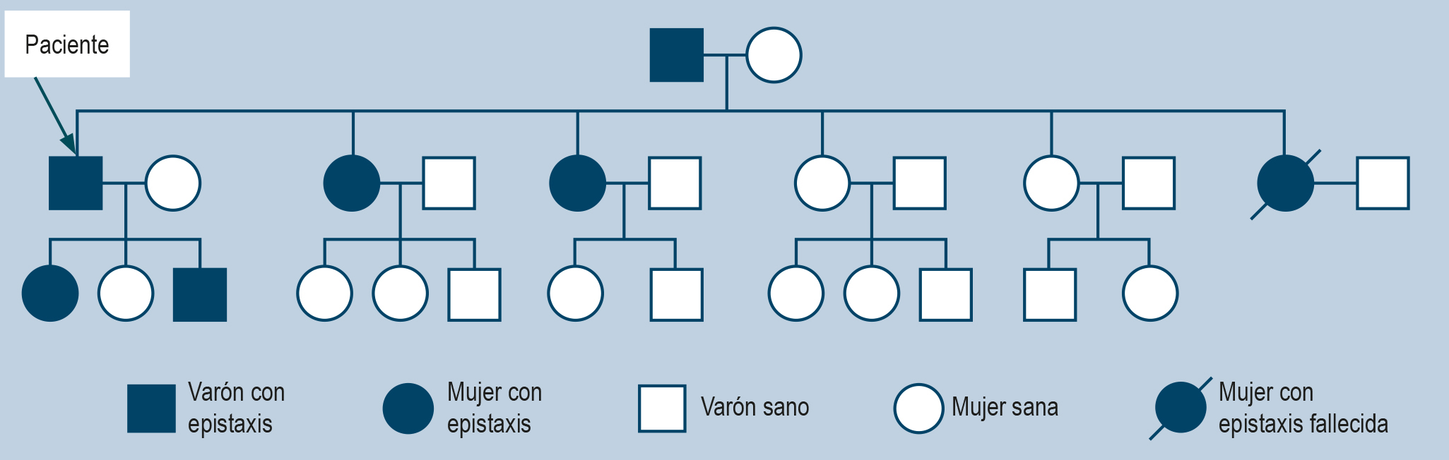 Figura 1. Antecedente familiar de epistaxis recurrente, se muestra historia de 6 miembros de su familia con epistaxis recurrente. Imagen propiedad de los autores.