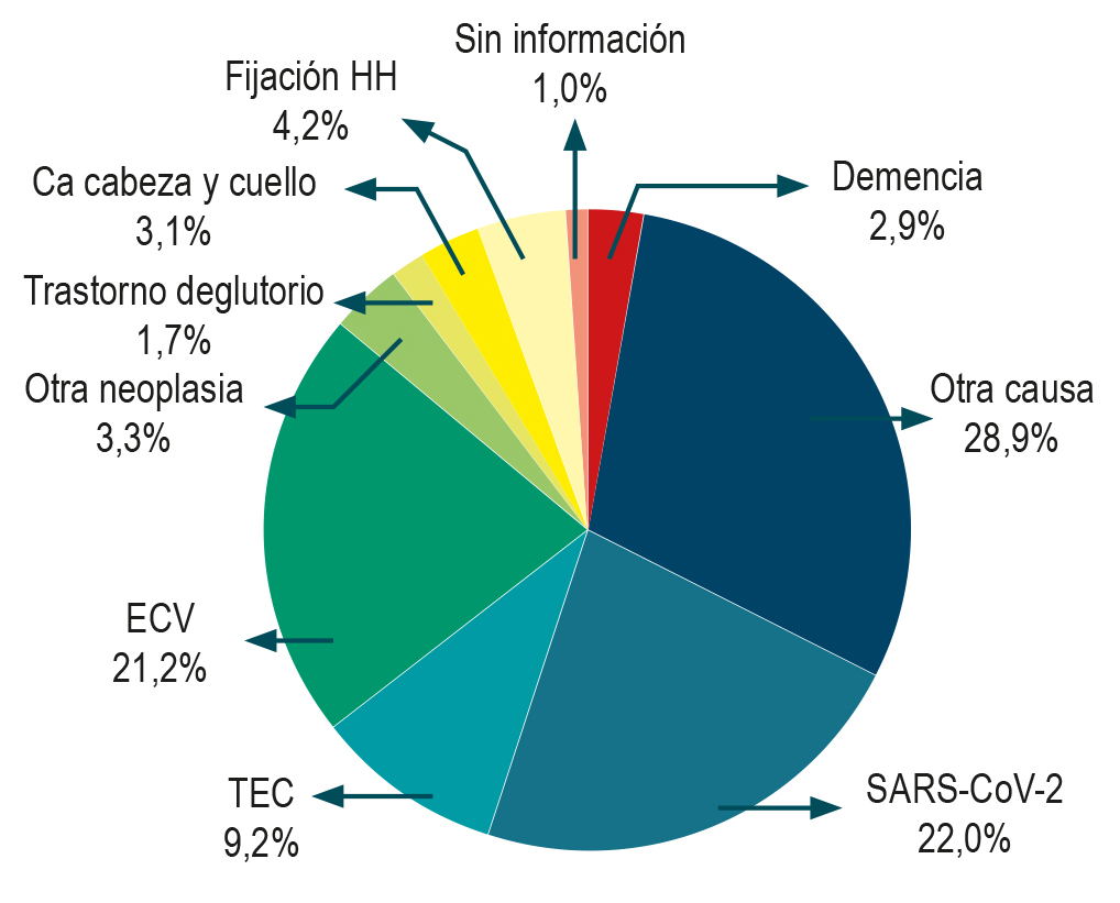 Figura 2. Indicación médica de las gastrostomías solicitadas. Ca: cáncer; ECV: enfermedad cerebrovascular; HH: hernia hiatal; SARS-CoV-2: coronavirus del síndrome respiratorio agudo grave de tipo 2; TEC: trauma craneoencefálico. Imagen propiedad de los autores.