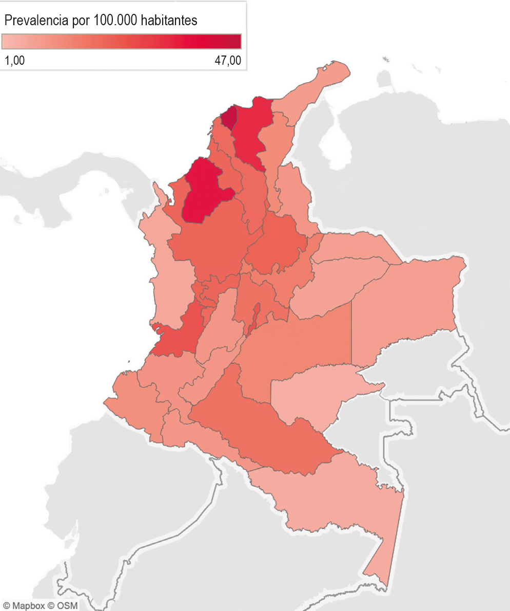 Figura 1. Mapa de prevalencia de acalasia en Colombia por 100.000 habitantes. Imagen propiedad de los autores