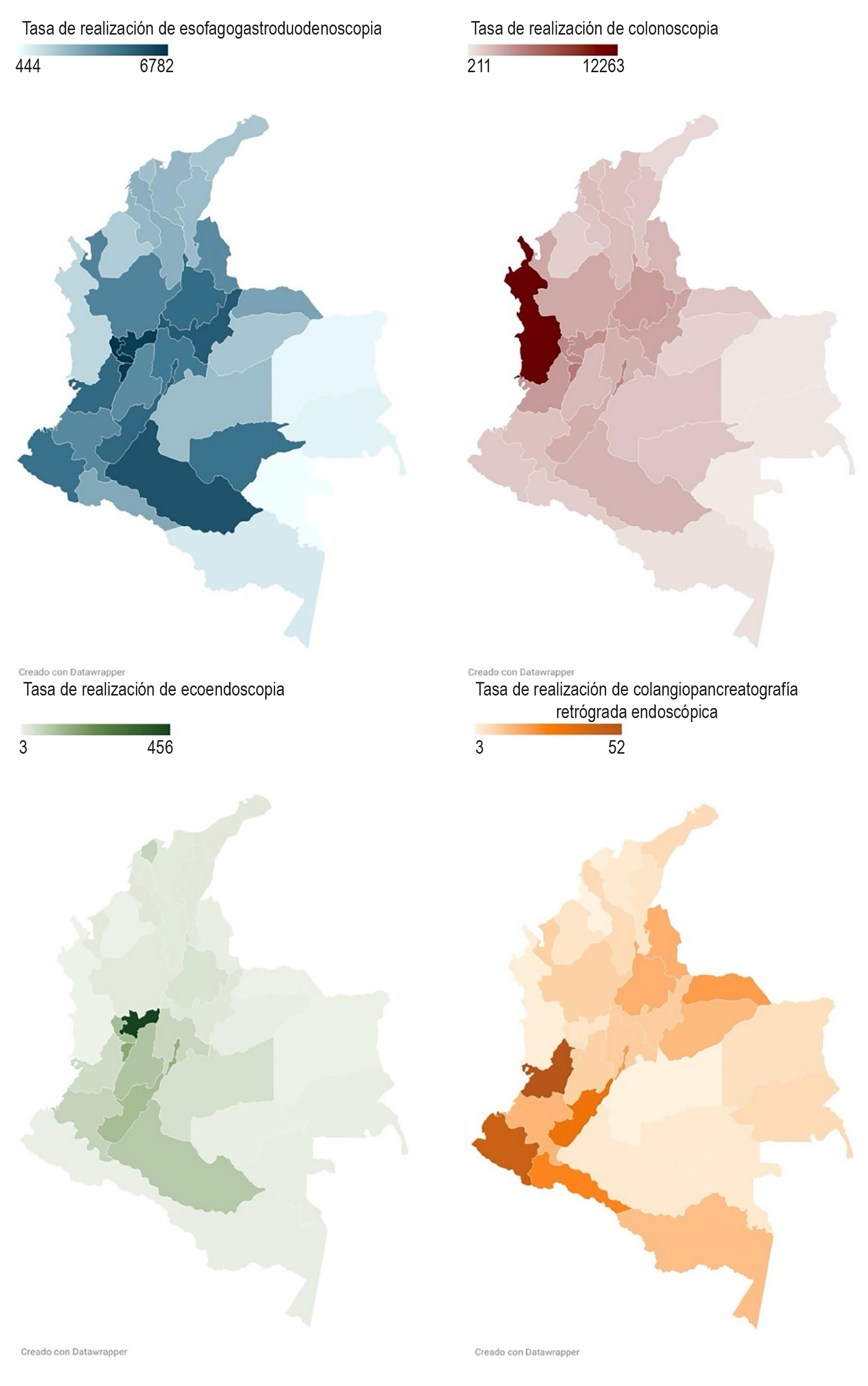 Figura 1. Tasa de realización de procedimientos según la distribución geográfica*. *Tasas ajustadas por departamento por 100.000 habitantes. Imágenes propiedad de los autores.